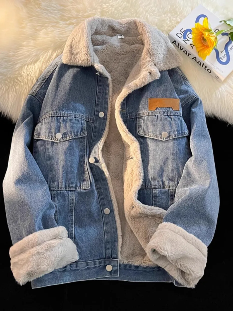 الشتاء Thiened Fce اصطف عادية فضفاضة تناسب فرو الضأن الدافئة القطن الدنيم Jaet للرجال العلامة التجارية العصرية بدوره إلى أسفل طوق معطف