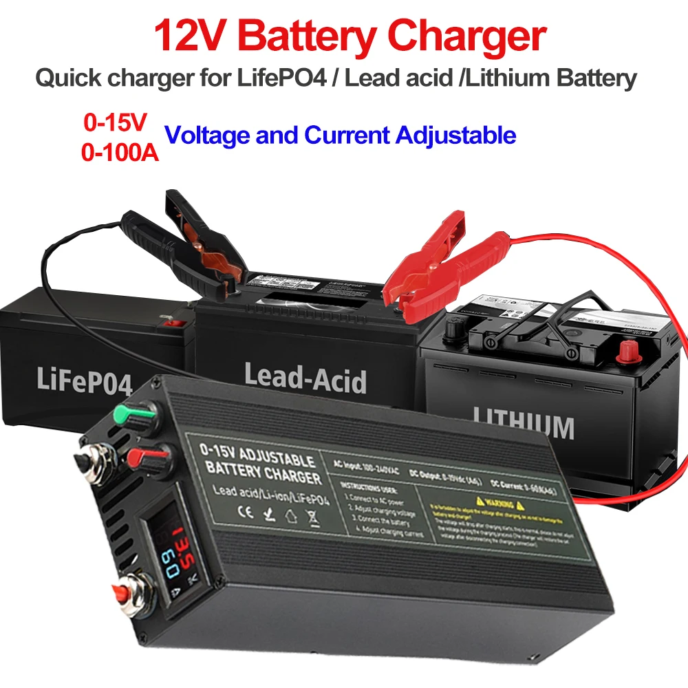 12V 40A 50A Battery Charger 14.6V 85A 100A Fast Lifepo4 Charger 12.6V 60A Fast Car Battery Pack Charge with Digital Display