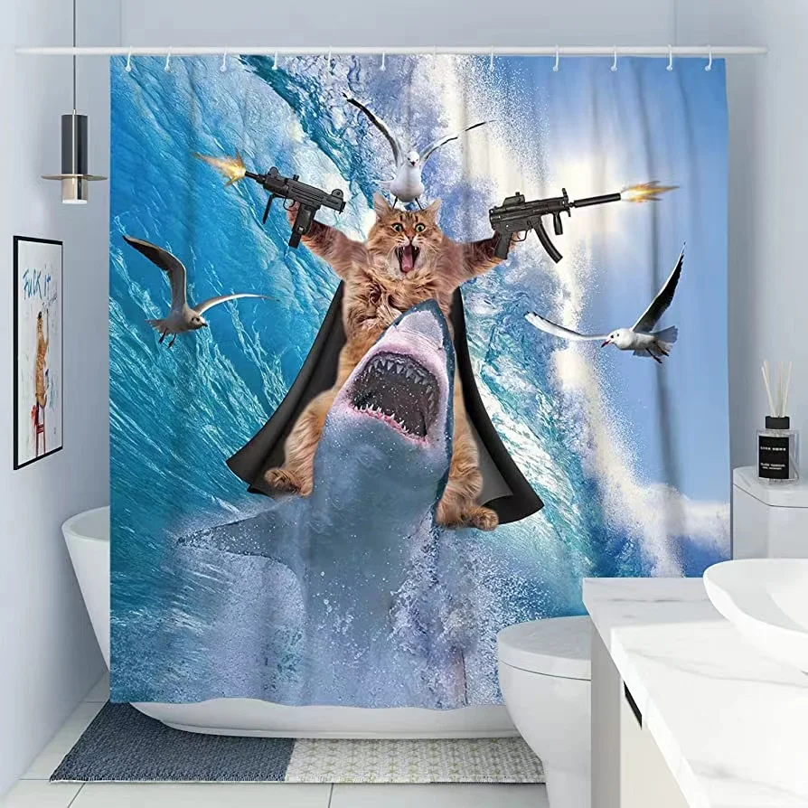 Funny Shower Curtain Cute Sea Cat Riding Shark Whale  Cartoon Animal Creativity Kids Bathroom Decor Polyester Fabric Cloth Hooks