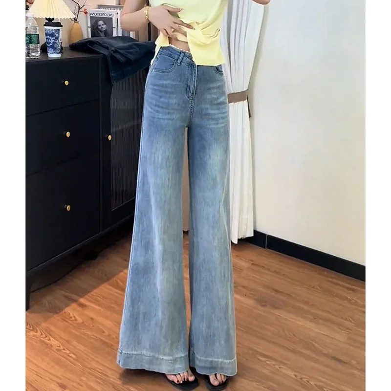 Korean Women Fashion Non Stick Leg Jeans Autumn Female New High Waist Denim Pantalons Ladies Solid Color Flared Cowboy Trousers