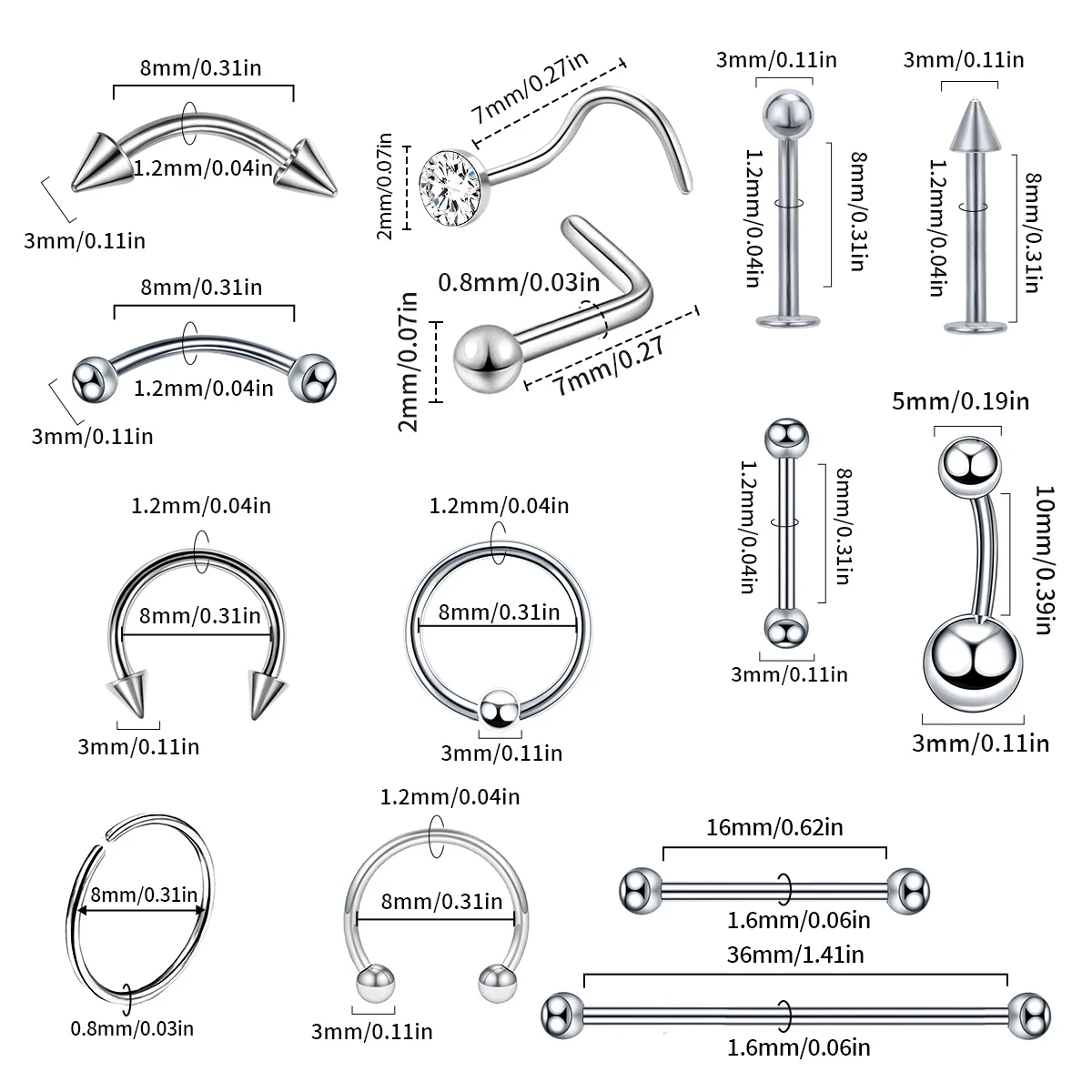 5pc Surgical Steel Body Piercing Jewelry Lot Bulk Nose Ring Tongue Bar Lot Eyebrow Labret Piercing Set Horseshoe Ring Lot Pack