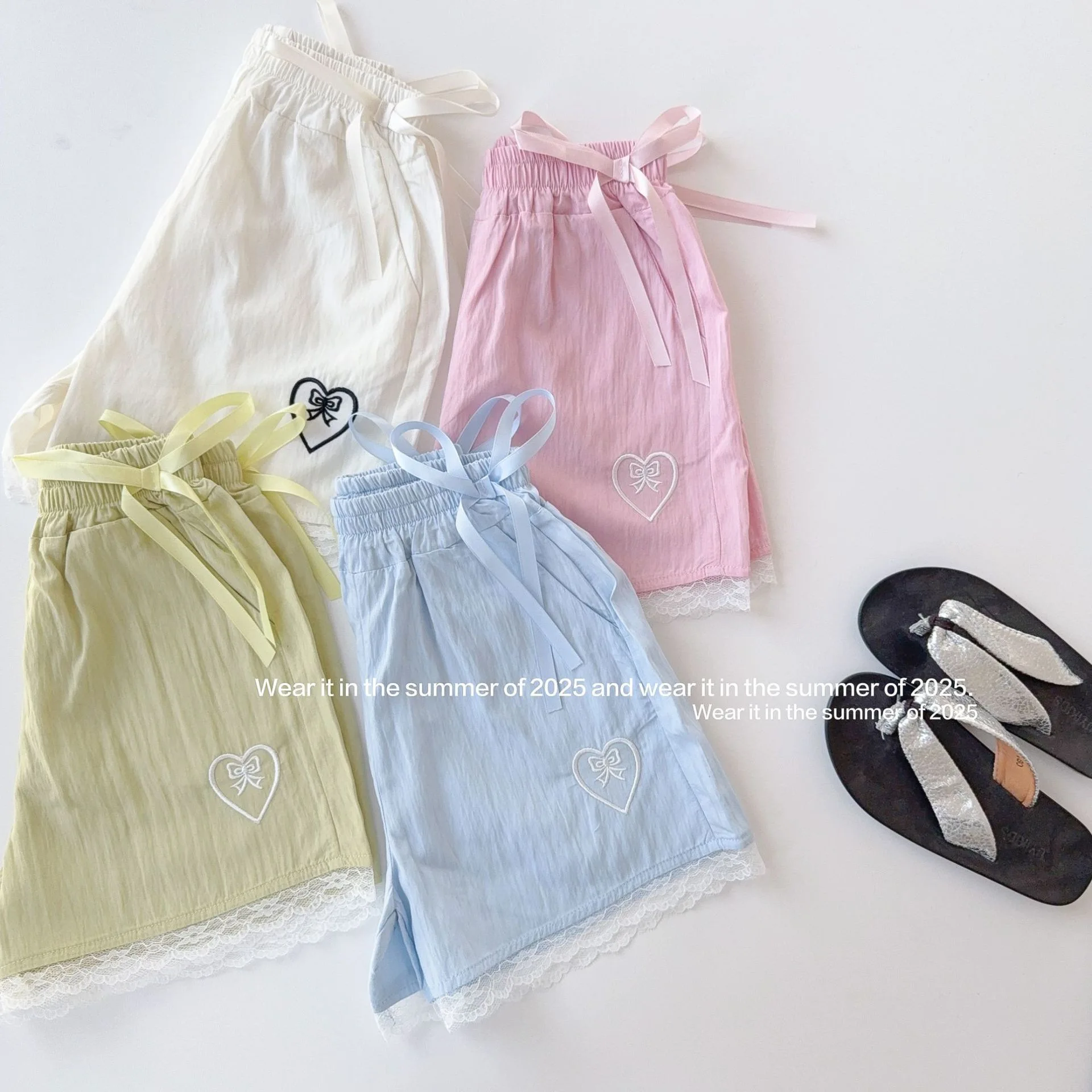 Kids Girls Candy Color Shorts Embroidery Bows Patch Lace Elastic Waist Wide Leg Shorts 2-10Y Children Summer Active Bottoms