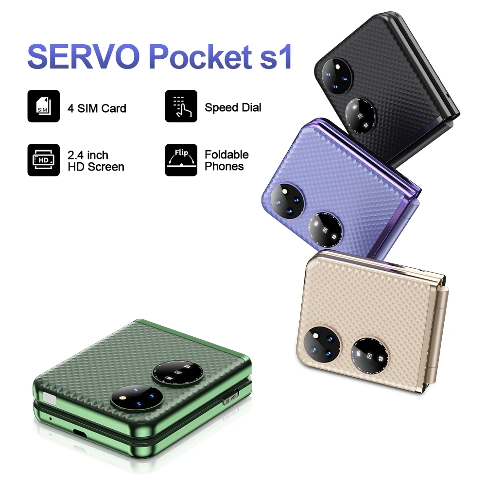 SERVO 포켓 S1 SIM 카드 4 개, 플립 휴대폰 속도 다이얼, 매직 보이스 손전등, 통화 녹음, 2G GSM 셀룰러 접이식 휴대폰 