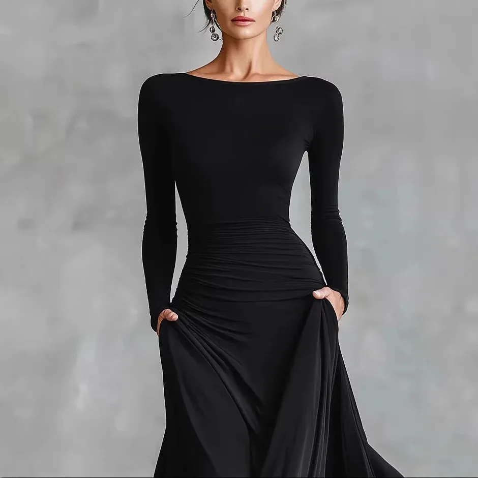 New Autumn Simple Elegant Black Long Dresses for Women Boat Neck Long Sleeve Slim Fit Temperament Female Fashion Style Dress