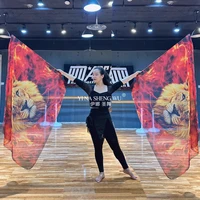 Nueva bandera de utilería de danza del vientre, accesorios de rendimiento, patrón de cabeza de león, banderas de gasa de adoración roja con varillas escalables