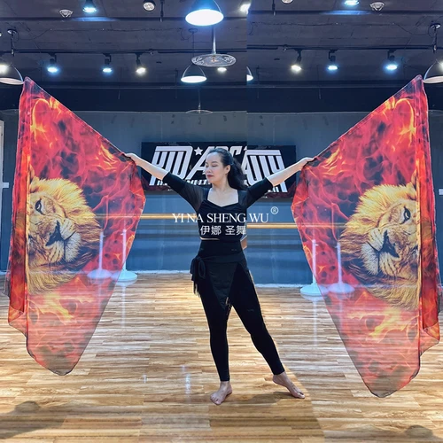 Nueva bandera de utilería de danza del vientre, accesorios de rendimiento, patrón de cabeza de león, banderas de gasa de adoración roja con varillas escalables