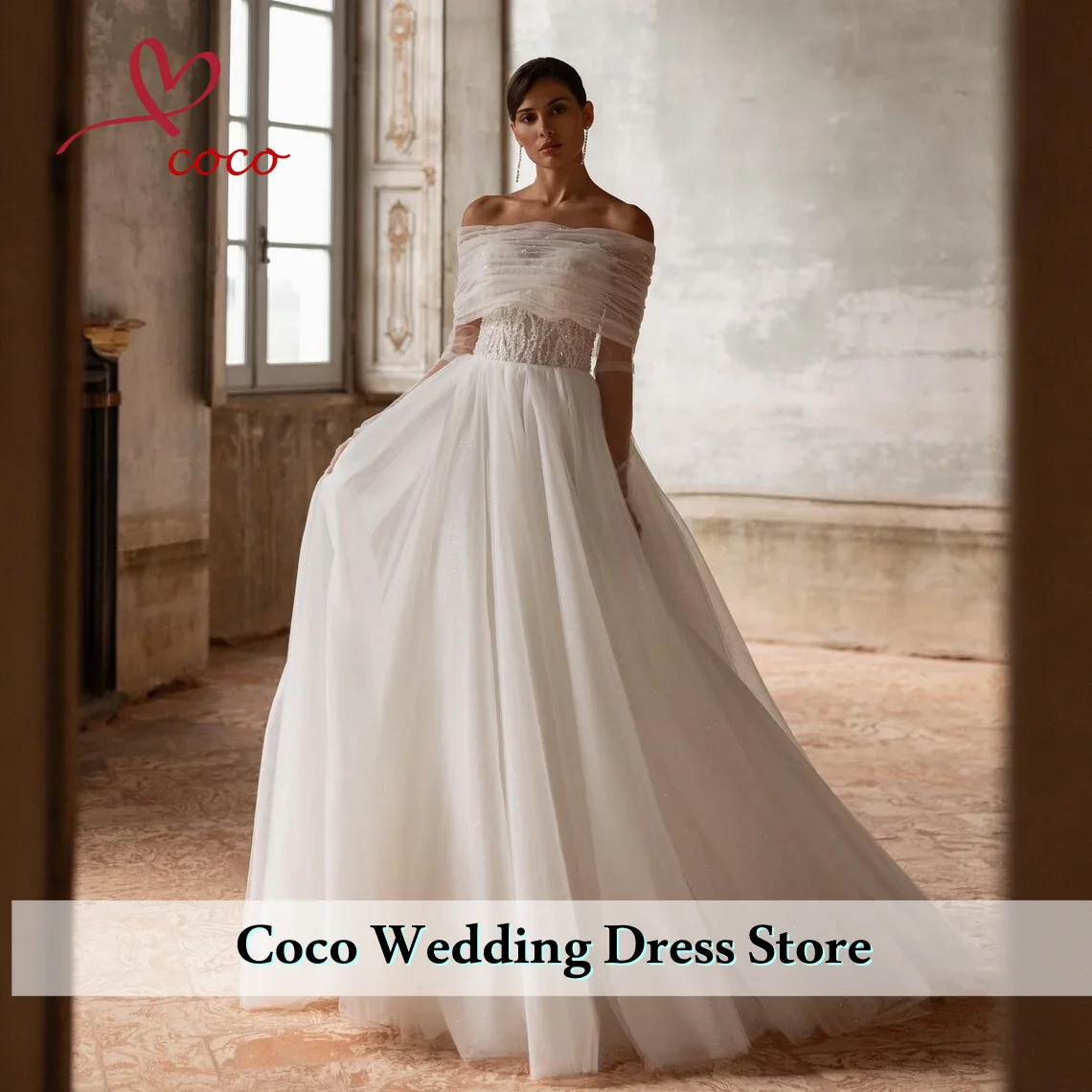 Customized ElegantOff Shoulder Bridal Ball Dress Princess sequins Lace Tight corset Long Sleeve Bridal Dress