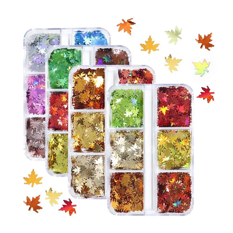 Fall Themed Holographic Red Leaves Nail Glitter Sequins 6 Grids Set Shiny Nail Decor for DIY Manicure Use