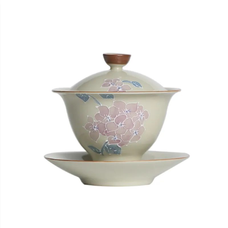 100ml Hand-painted Hydrangea Flowers Ceramic Tea Tureen Covered Bowl Handmade Gaiwan Teacup Household Tea Bowl Chinese Teaware