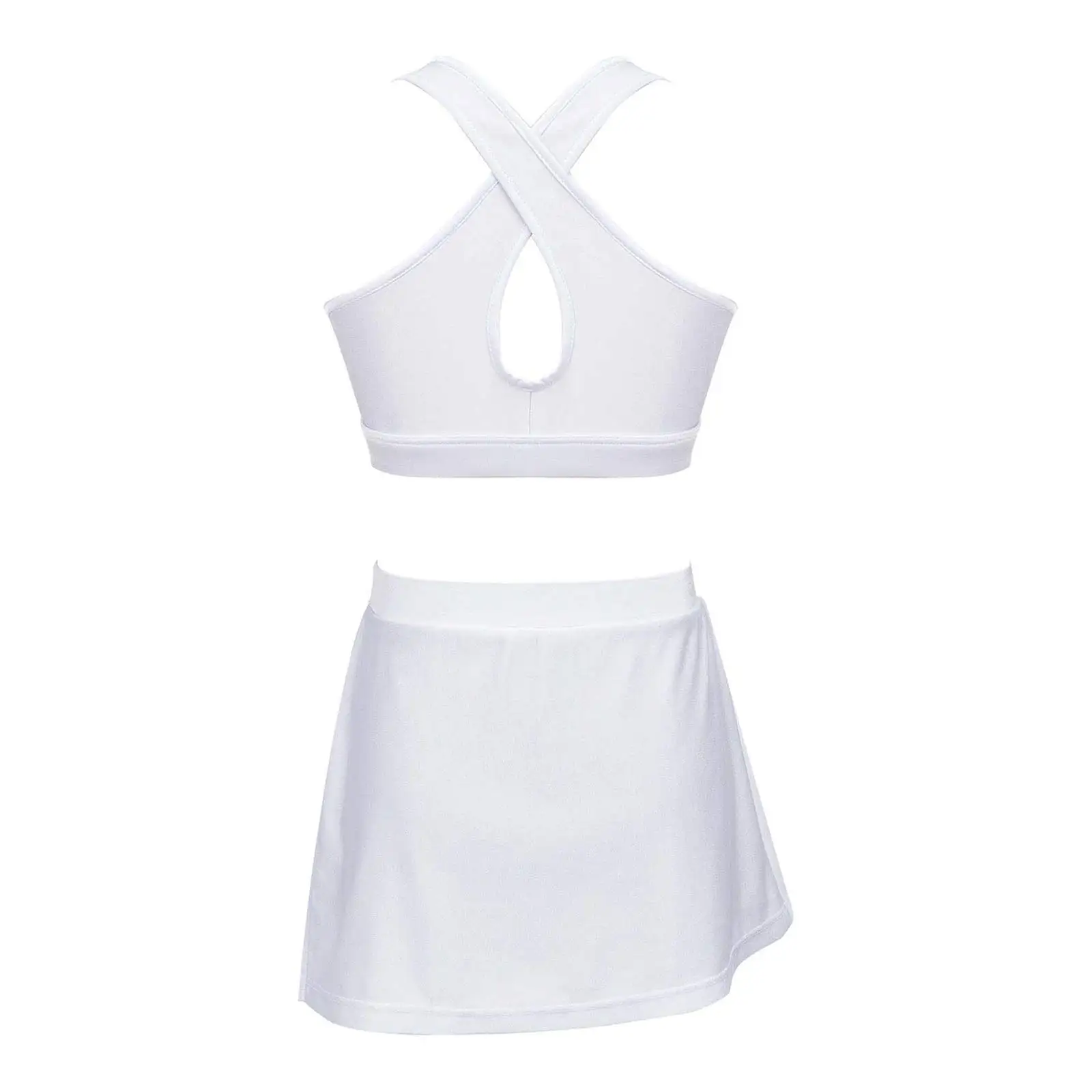 White Kids Girls Tennis Skorts Sets Badminton Golf Sport Suits Mesh Front Zipper Vest Top Split Skirts Set Dance Outfit Costumes