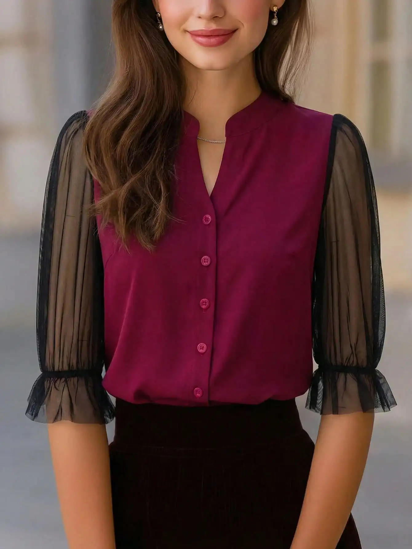 Spring and Summer Tops: New Style Mesh Patchwork Long-Sleeve V-Neck with Cut-Out Design, Elegant and Stylish Office Ladies' Summer Shirt