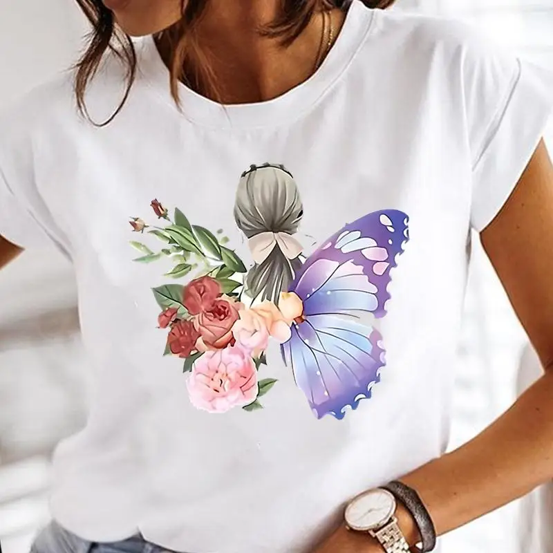 Women Print Clothes Flower Lovely Cute Female Tops Tee Tshirt Fashion Print Cartoon O-neck Ladies Graphic T-Shirt