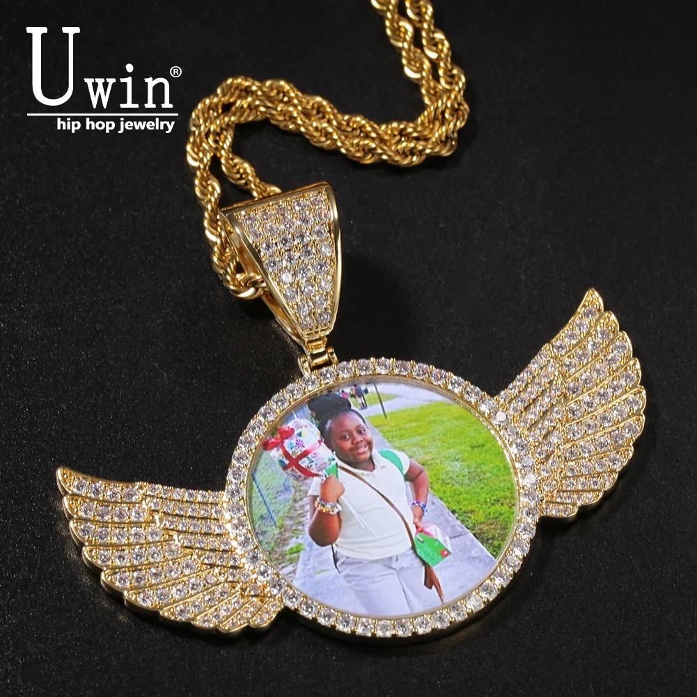 

Uwin Csutom Крылья Ангела фото кулон Iced Out кубический цирконий ручной работы подарки на память ожерелье Soild Back бирка ювелирные изделия в стиле хип-хоп