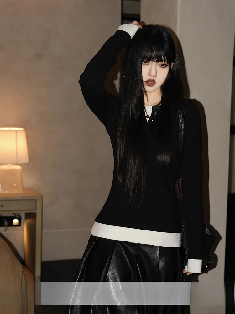 

Women's Long Sve Knitted Sweater Slim Fit Base Layer Top Fake Two-Piece Sle Casual Sle Autumn Winter Faion Inner Wear