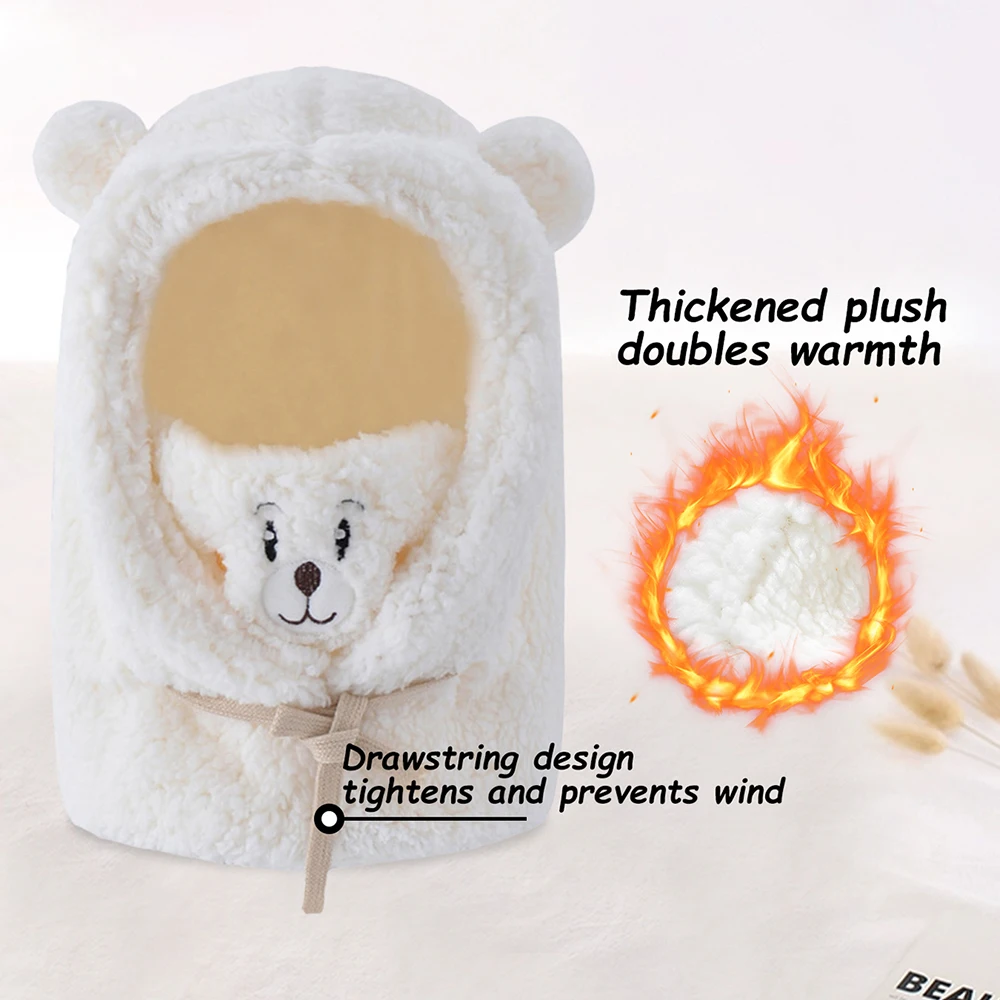 Cartoon Bear Fuzzy Hat, Ear & Neck Protection Winter Cute Hooded Hat, Comfortable Thermal Beanie Hat image 3