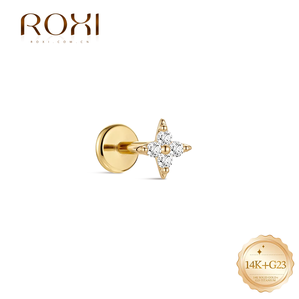 ROXI 1PC 14K Solid Gold Four Point Star CZ Flat Back Cartilage Piercing Earring Multi Size 5/6/8mm Ear Jewelry For Women