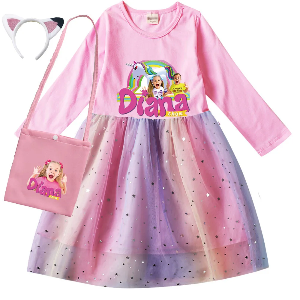 

Cute Diana and Roma Show Costume Kids Halloween Wedding Party Sequin Dress Baby Girls Long Sleeve Dresses with Small Bag Vestido