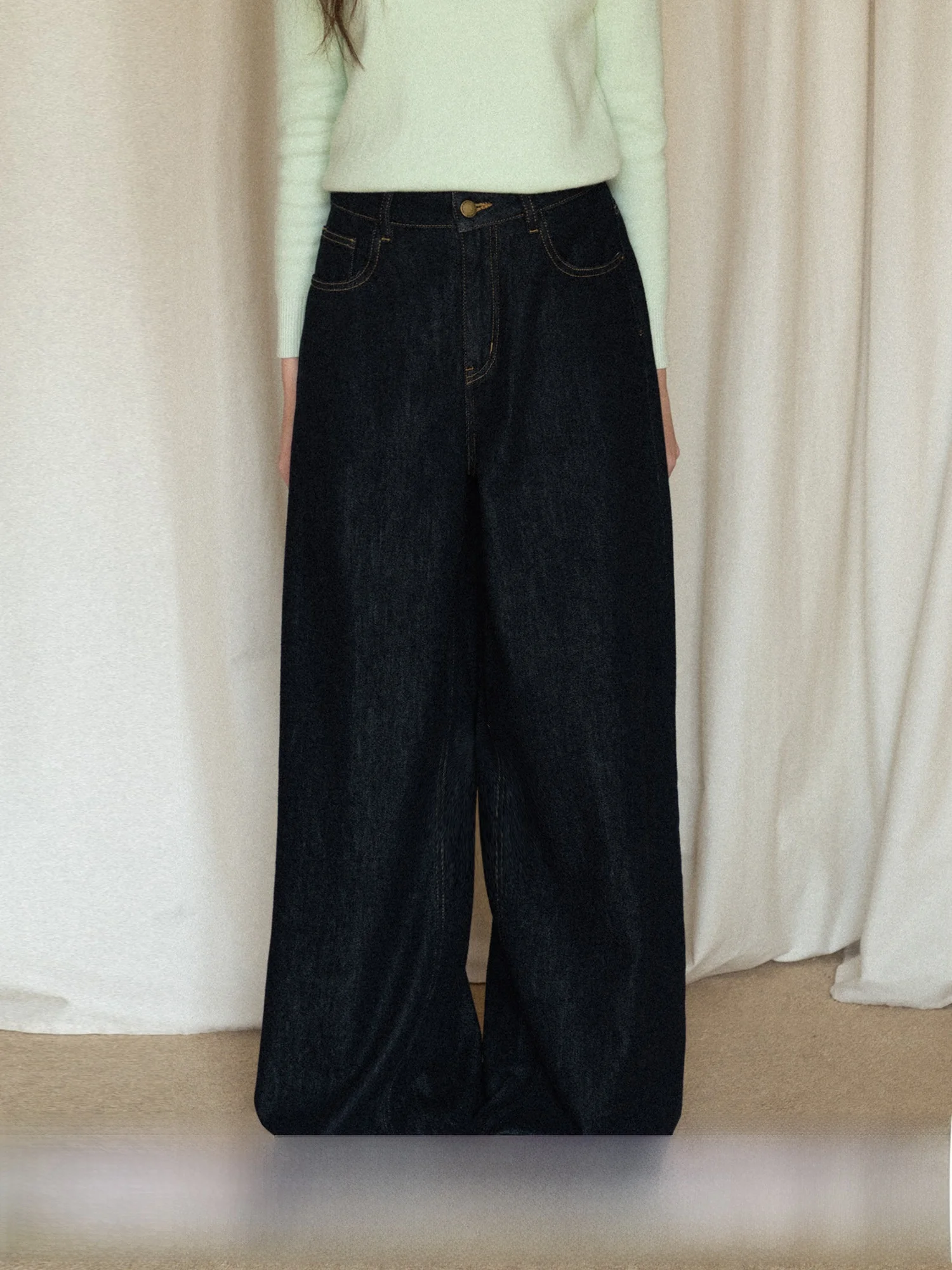 

Retro Fleece Lined Wide Leg Denim Jeans Women's Deep Blue High Waist Straight Loose Floor Length Pants Autumn Winter Fashion