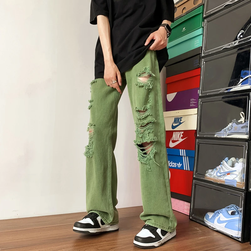 Wide-leg Jeans Men Hole Hollow Out Autumn High Street American Style Youthful Vitality Denim Trousers Hip Hop Outdoor Chic Daily