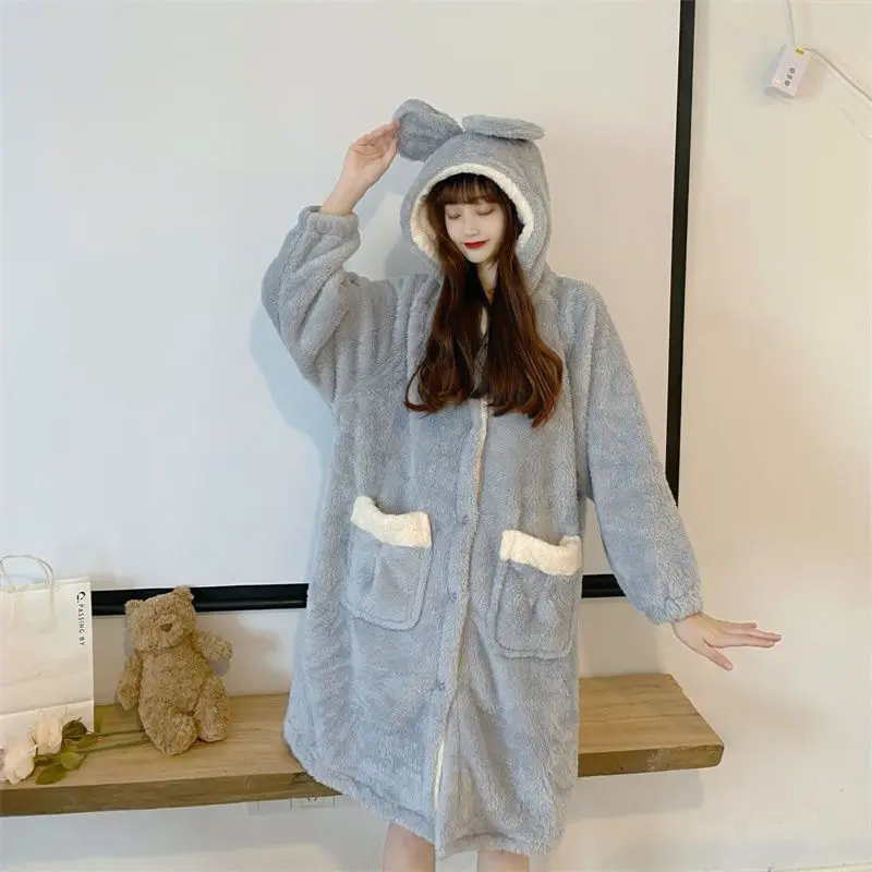 Hooded Robe for Women Sleepwear Nightdress Winter Warm Fleece Pajama One Piece Nightgown Night Wears Pocket Long Sleeve Homewear