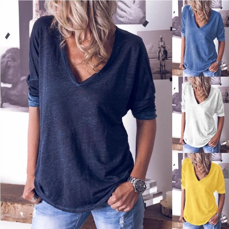 202 새로운 여성용 긴팔 브이넥 루즈 컬러 티셔츠 스트리트 스타일 폴리에스테르 여름 패션 캐주얼 스트레이트 컷 탑