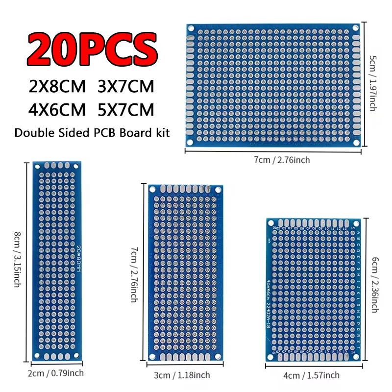20PCS Double-Sided PCB Prototype Boards – Blue Universal Circuit Breadboard Kit, Sizes 2x8/3x7/4x6/5x7cm for DIY Electronics