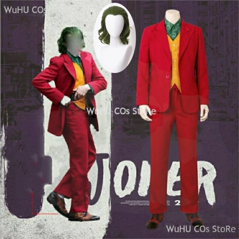 Halloween Joker Arthur Fleck Cosplay Costume Clown Red Suit Adult Jokers Green Wig Size Customable Uniform Set for Men Woman