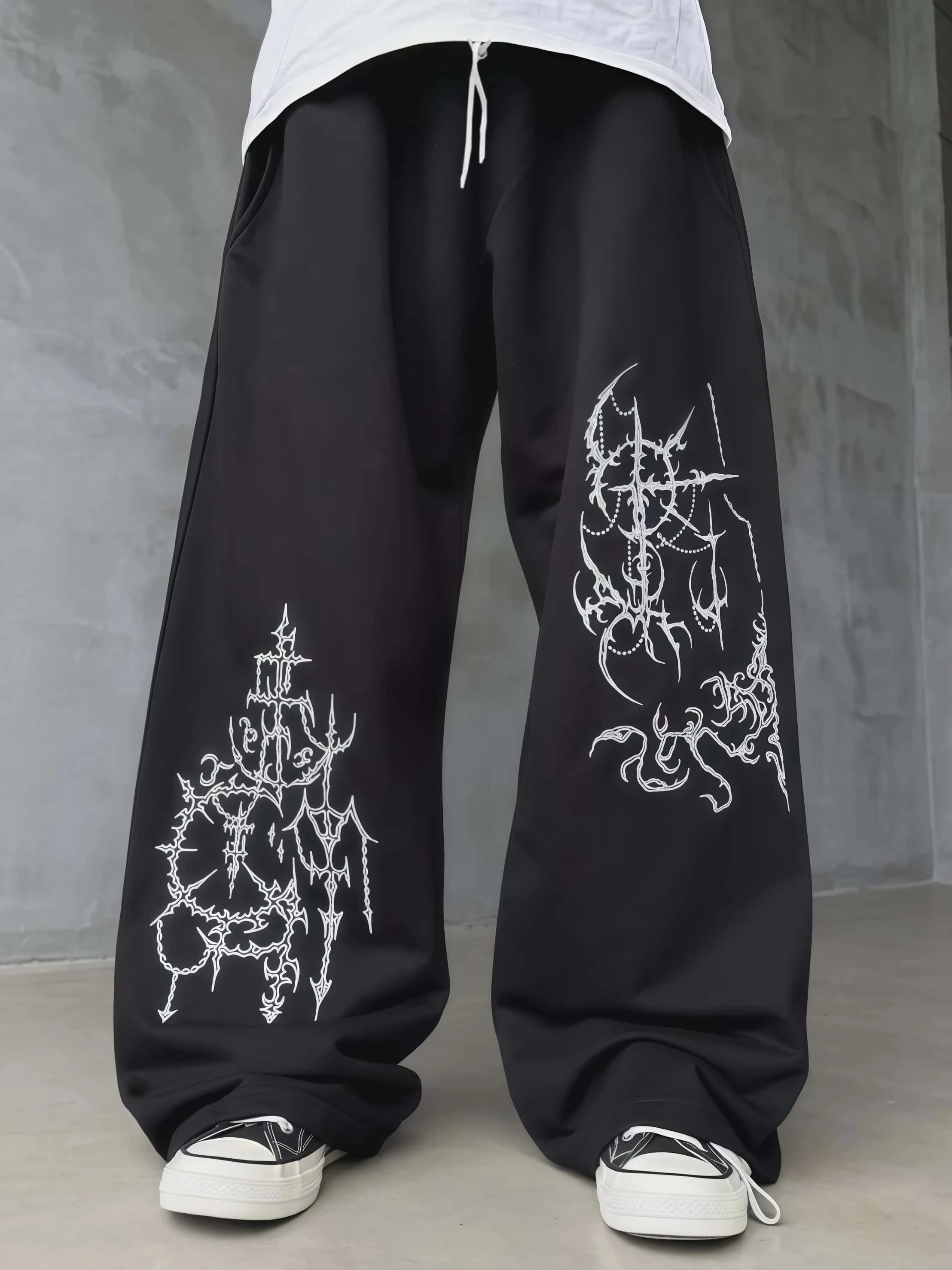 Unisex Quick Dry Straight Long Pants Hip Hop Streetwear Trousers, Gothic Thorn Cross Print Elastic Waist Drawstring Sweatpants