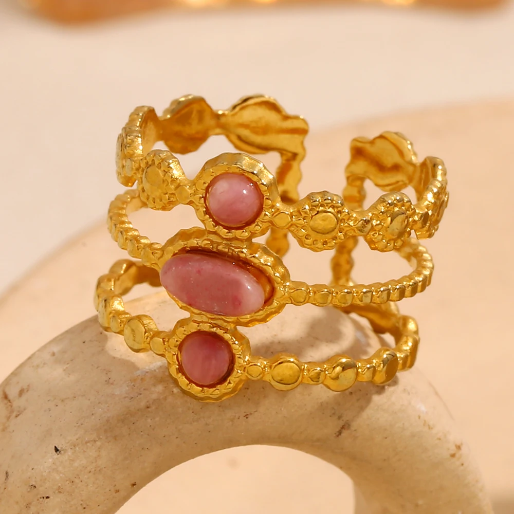 E.B.belle Wide Facted Red Gemstone Opening Rings High Quality Gold Plated Stainless Steel Waterproof Fashion Jewelry