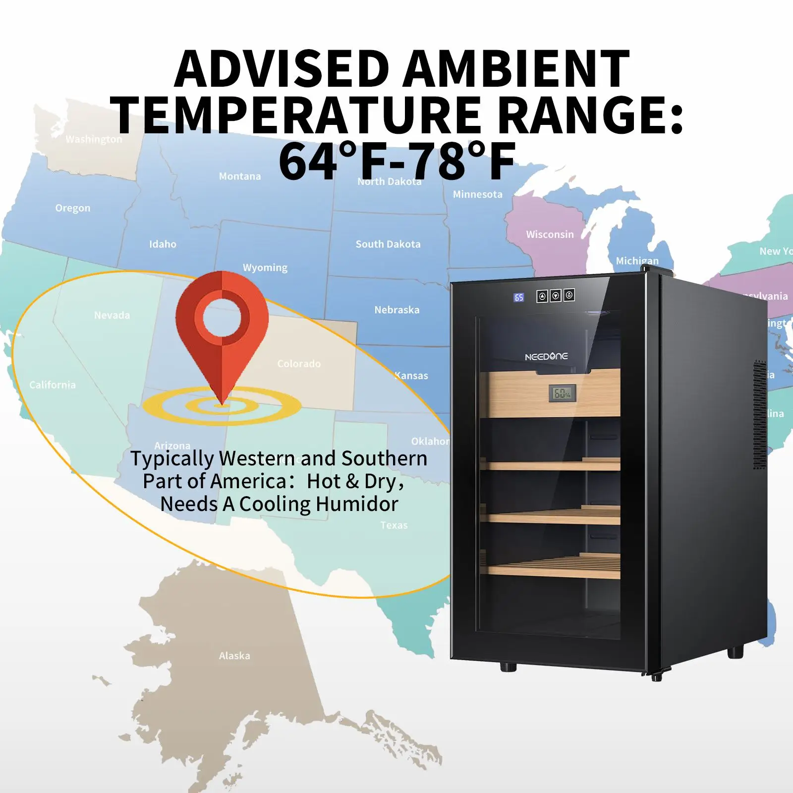 Imagem -04 - Needone-charuto Elétrico Humidor Arrefecimento e Aquecimento Controle de Temperatura Espanhol Cedro Madeira Prateleiras Higrômetro 48l 300 Contagens