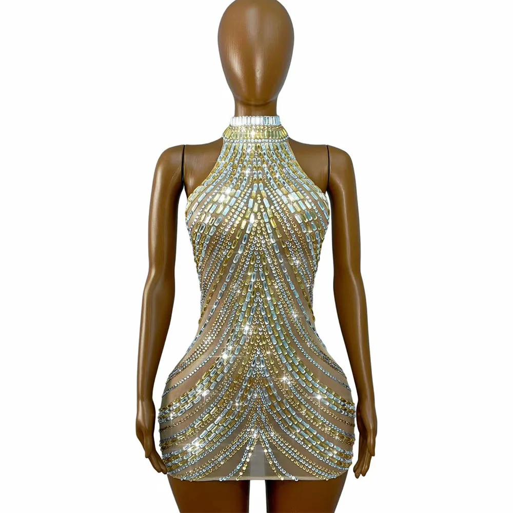 

High grade Flashing Rhinestones Sexy Mesh Cultivation Dress Women Evening Birthday Party Exquisite Gown Photo Shoot Stage Wear