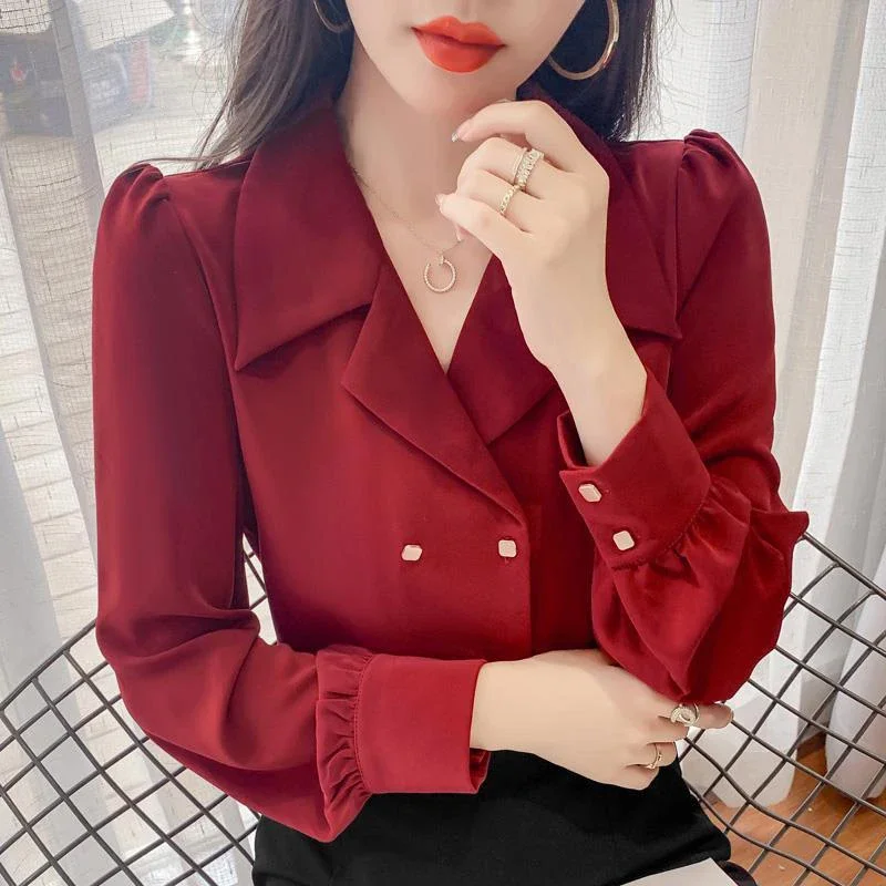 Casual Elegant Sexy Fashion Double Breasted Puff Sleeve V Neck Vintage Shirt Top