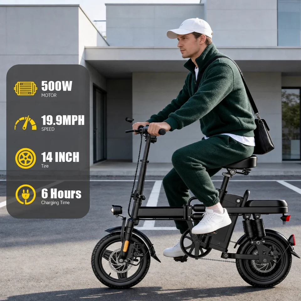 Folding Electric Bike 48V 500W Motor 15Ah Battery 43km/h Max Speed 60km Range 14-inch Foldable Electric Bicycle Dual Disc Brakes City Commuter E-bike