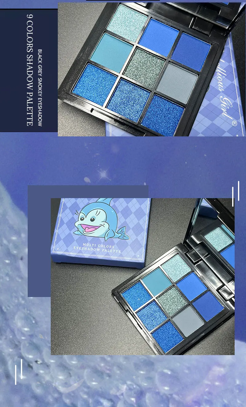 9-Farben-Lidschatten-Palette, blau, wasserdicht, schweißfest, blau, matt, Perlen-Glitzer-Finish, Performance, Bühnen-Make-up, Musikfestival – Detail 7