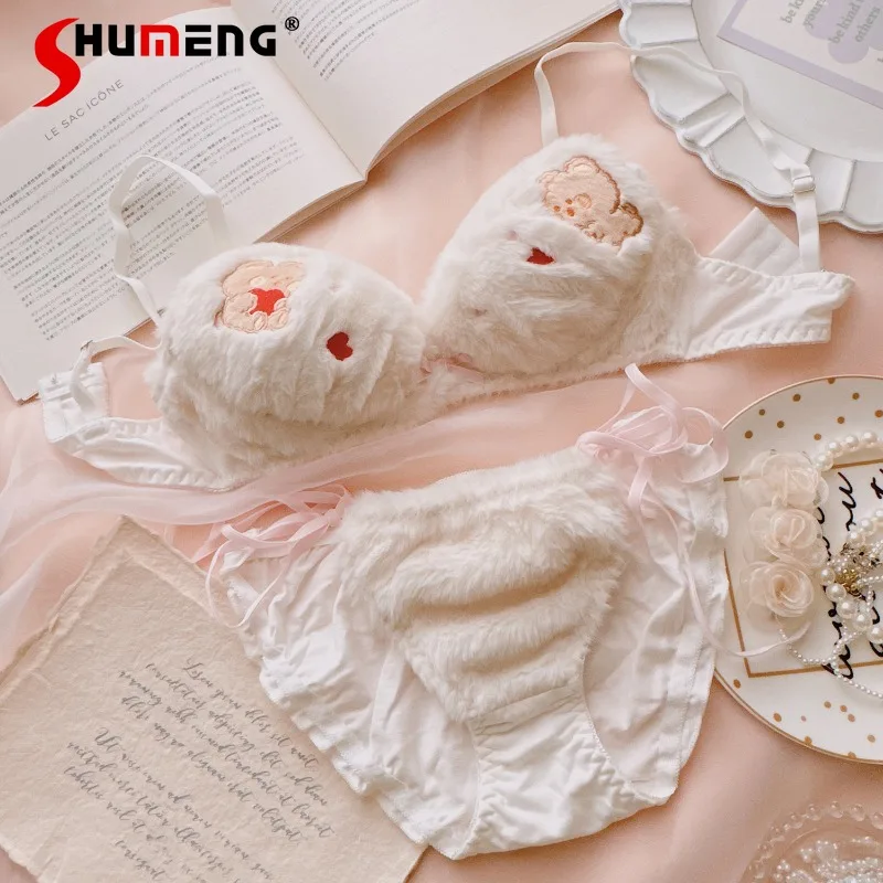 

Autumn Winter New Plush Bra Set Female Warm Pure Desire Japanese Intimates Women's Wireless Girl Underwear Brief Suits