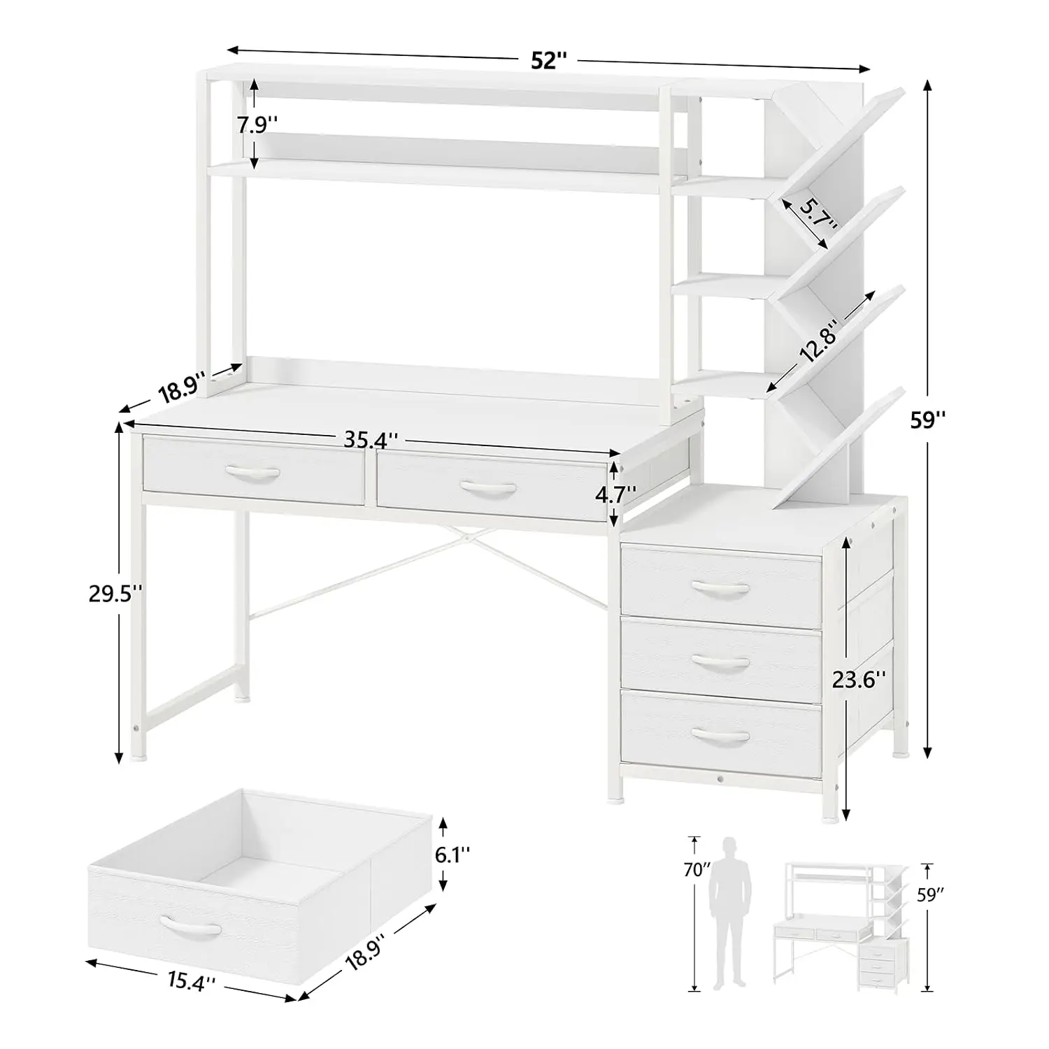 Reversible Computer Desk with Hutch, Home Office Desk with 5 Drawers and Bookshelf, 52'' Study Writing Desks, Customized