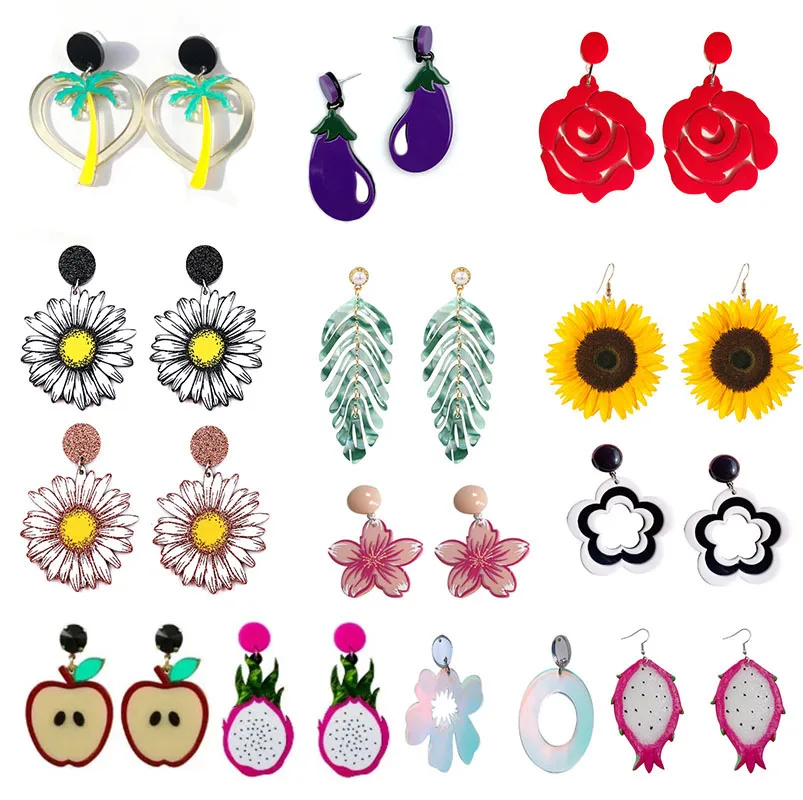 Sweet Flower Sunflower Rose Heart Strawberry Lemon Apple Earrings for Women Cute Tree Lollipop Animal Earings Fashion Jewelry