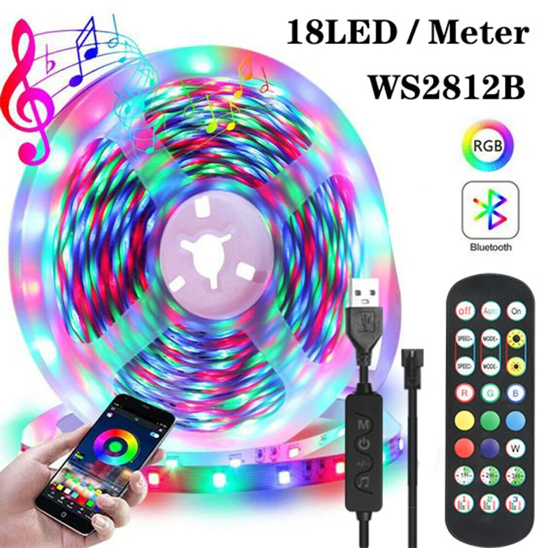 

LED Strip Light WS2812B RGBIC SMD Bluetooth Control DC5V Lamp for Room Decoration Rainbow USB RF Wireless Remote Controller Kit