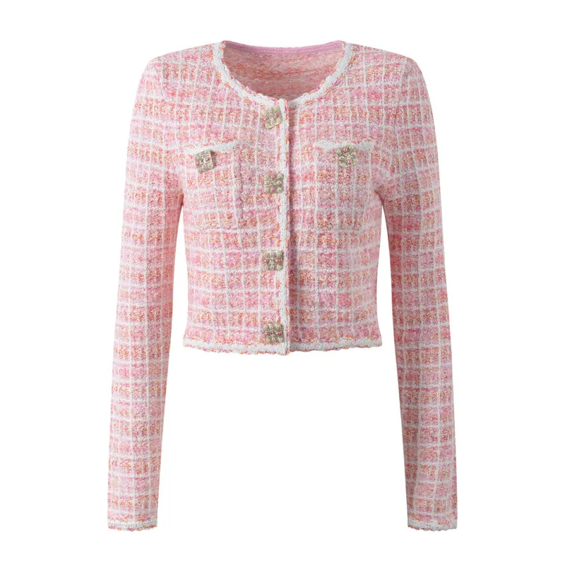 CHUJIE Conjunto de punto estilo francés de otoño 2025, top de manga larga con cuello redondo y media falda, traje rosa suave, mezcla de viscosa