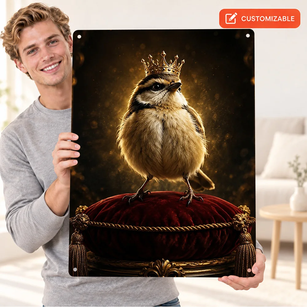 Tiny Crowned Bird Big Ego Printed Poster Animal Portrait Creative Workspace Wall Art Personalized Aluminum Metal Sign Fan Gift