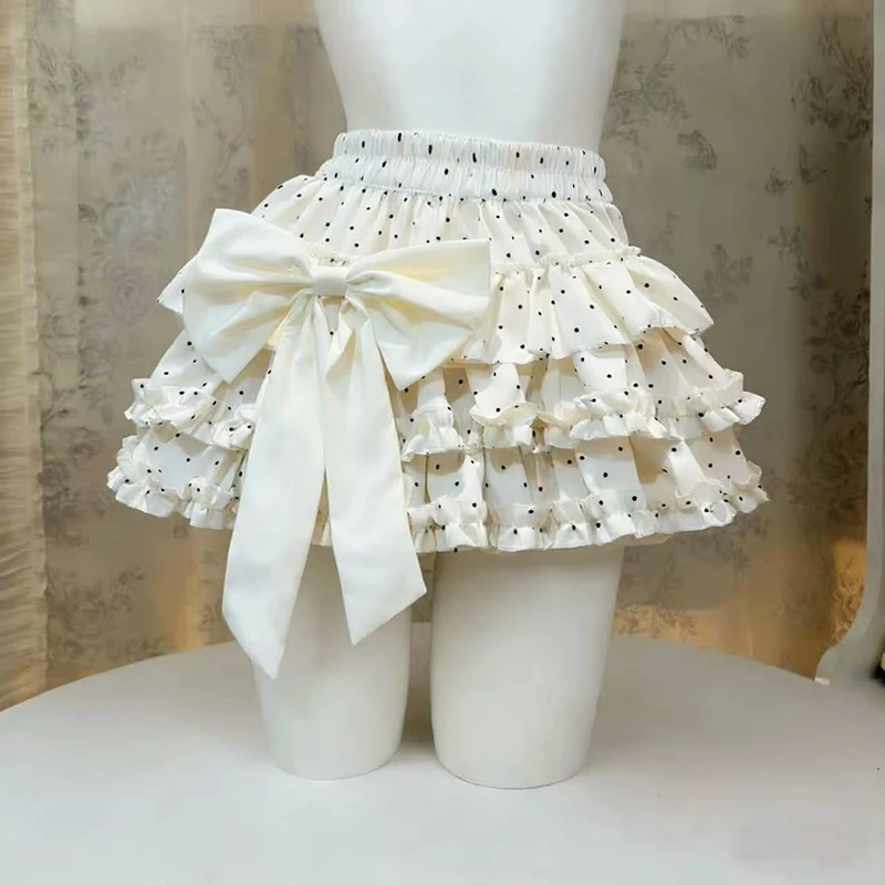 

Kawaii Bow Mini Skirts Women Summer Streetwear Casual A Line Skirts Y2K Sweet Polka Dots Preppy All Match Apricot Tutu Skirts