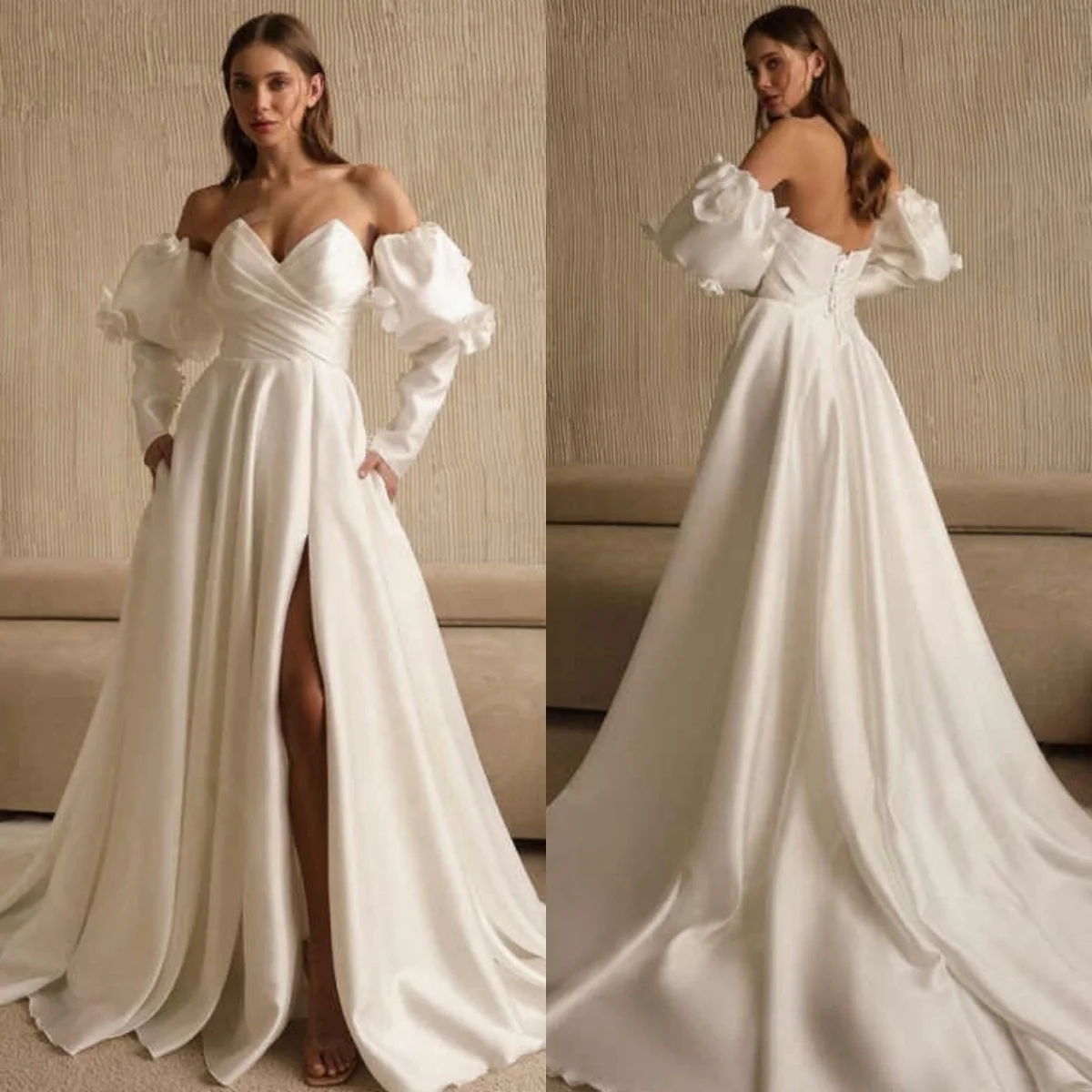 Vestido De Novia De satén De lujo, elegante, blanco, personalizado, manga desmontable, con cordones en la espalda, temperamento para fiesta De Novia