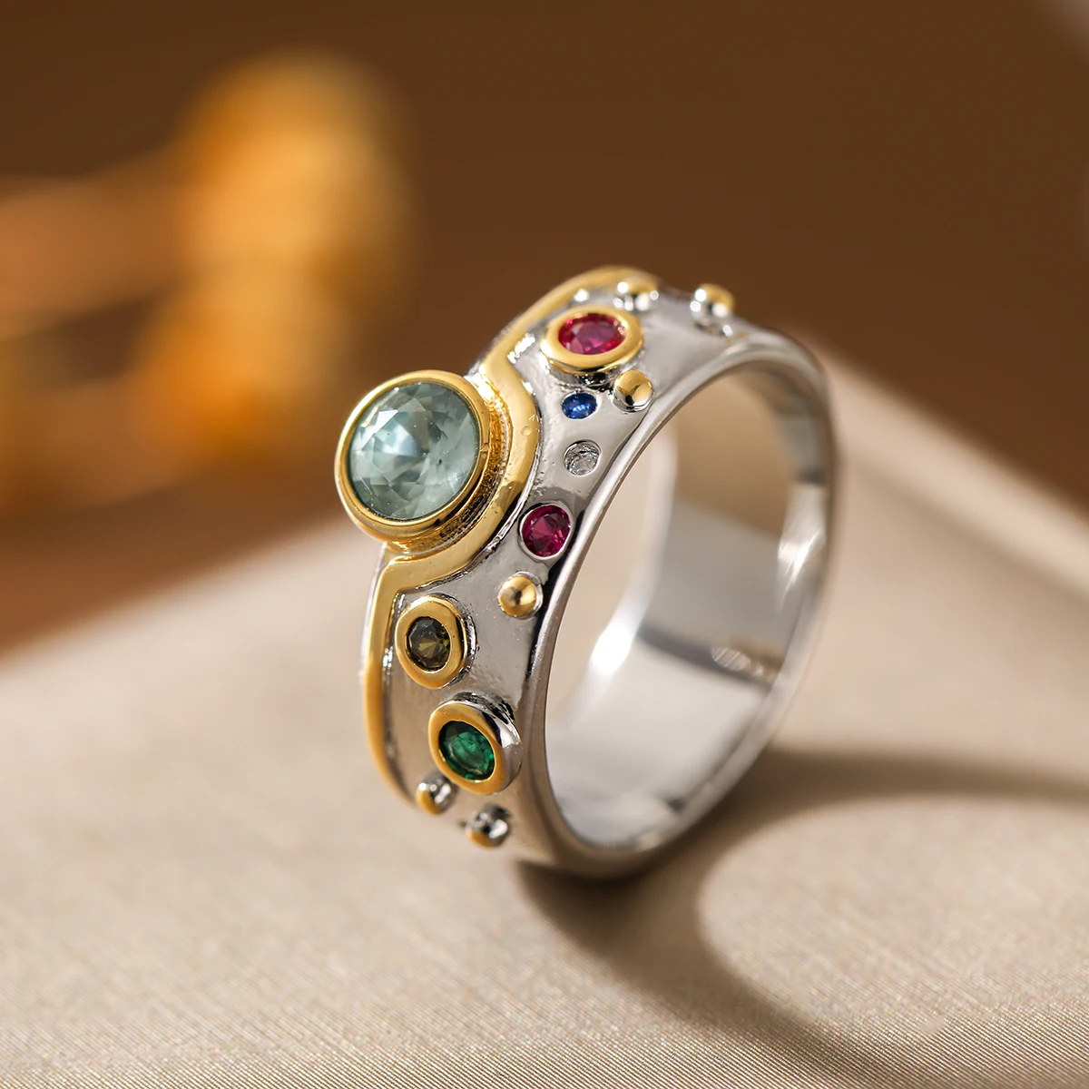 Vintage Farbiger Kunststein-Ring aus Kupfer, Modischer Zweifarbiger Luxus-Damenring, Schmuckgeschenk