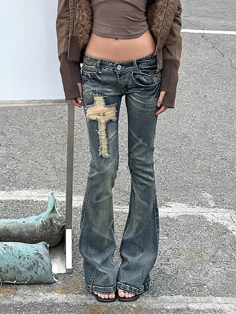 Women Y2K Low Rise Flare Jeans Vintage Washed Cross Patch Distressed Grunge Slim Bootcut Denim Pants Streetwear