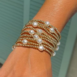 Vlen Gold Plated Pearl Bead Bracelet for Women Hypoallergenic Tarnish Resistant Adjustable Elegant Jewelry Gift for Her