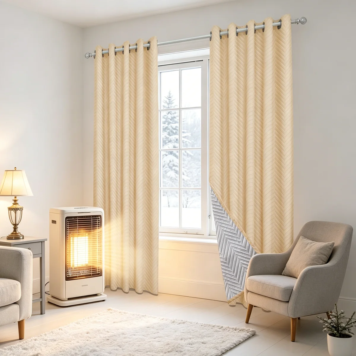 Beige Chevron Thermal Insulated Grommet Curtain, 3-Layer Windproof Cold Blocking Drapes, Soundproof Full Blackout Window Curtain