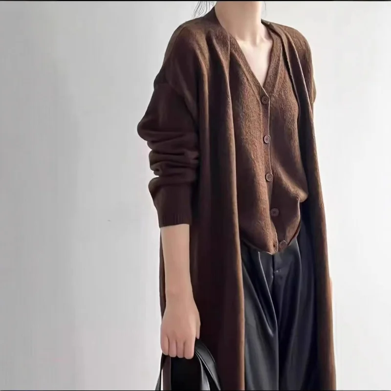 

Vintage Mid-Length Sweater Cardigan Coat Set Women, New Autumn Loose Slimming Vest Two-Piece Set