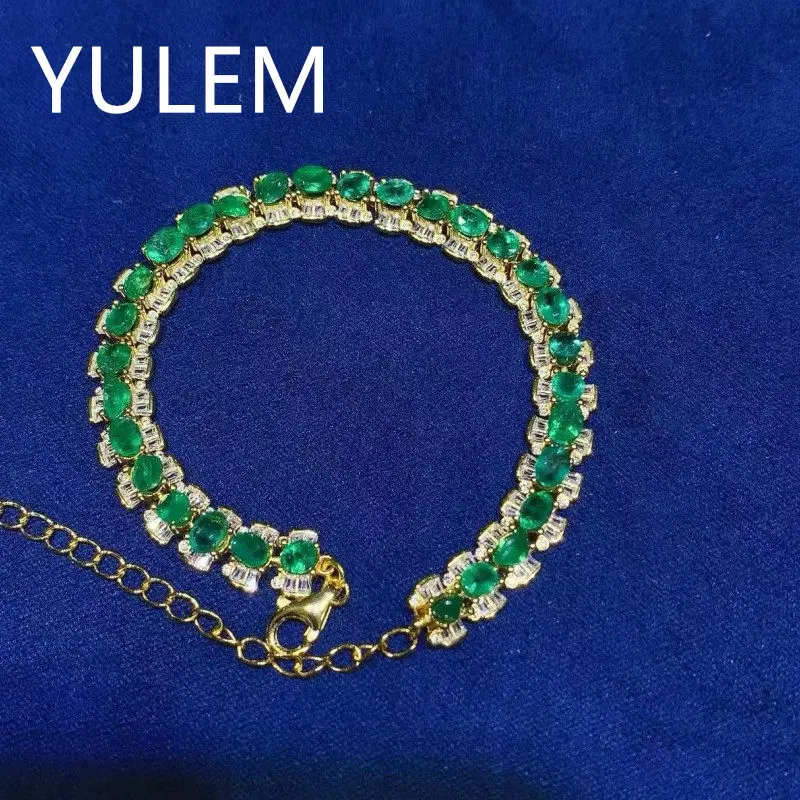 YULEM 100% 925 Sterling Silver Natural Emerald Gemstone Bracelet for Women Fine Jewelry Luxury Emerald Barcelet