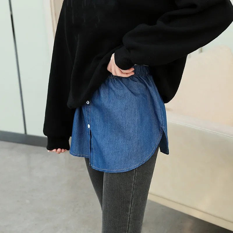 Denim Style Solid Colored Fake Hem Shirt for Lady Layered on Top with Bottom Half Skirt Denim A-line Skirt Women's Clothing