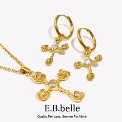 E.B.belle White Rhinestone Rose Cross Necklace Earring Flower Jewelry Set Stainless Steel 18K Gold Plated Waterproof Charm